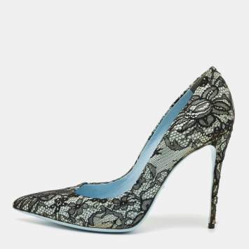 Pre Owned Dolce & Gabbana Black/Blue Lace and Patent Leather Pointed Toe Pumps Size 38.5