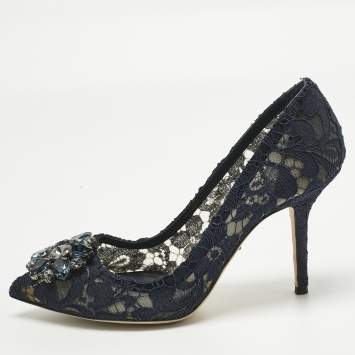 Pre Owned Dolce & Gabbana Navy Blue Lace Crystal Embellished Bellucci Pointed Toe Pumps Size 39