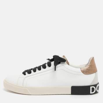 Pre Owned Dolce & Gabbana White/Gold Leather Portofino Low Top Sneakers Size 40