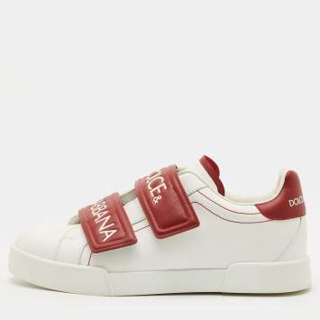 Pre Owned Dolce & Gabbana White/Red Leather Logo Velcro Strap Low Top Sneakers Size 39