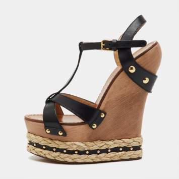 Pre Owned Dolce & Gabbana Black Leather Woven Raffia Platform Wooden Wedge Sandals Size 38