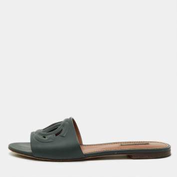 Pre Owned Dolce & Gabbana Dark Moss Green Leather DG Cut Out Flat Slide Sandals Size 38