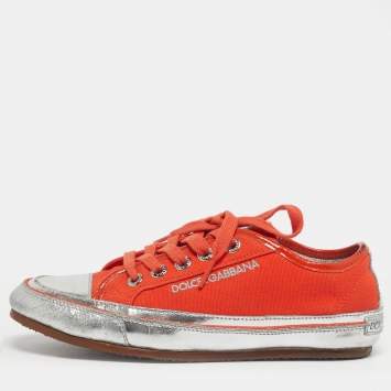 Pre Owned Dolce & Gabbana Orange/Sliver Leather and Canvas Lace Up Low Top Sneakers Size 37