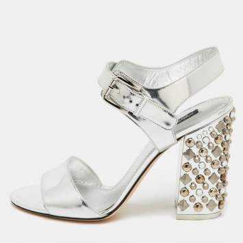 Pre Owned Dolce & Gabbana Silver Leather Embellished Block Heel Ankle Strap Sandals Size 41