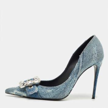 Pre Owned Dolce & Gabbana Blue Denim Crystal Embellish Pumps Size 39