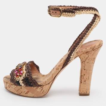 Pre Owned Dolce & Gabbana Beige/Brown Straw Crystal Embellished Ankle Strap Sandals Size 38