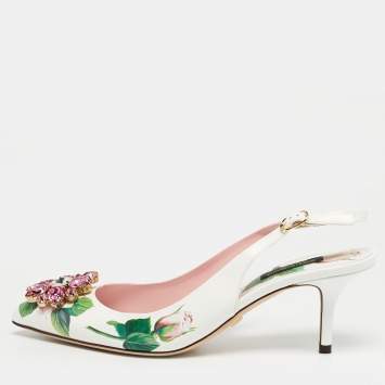 Pre Owned Dolce & Gabbana White Tropical Rose Print Leather Slingback Pumps Size 38.5