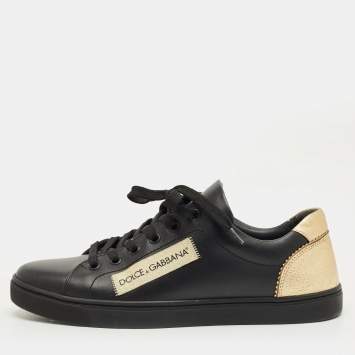 Pre Owned Dolce & Gabbana Black/Gold Portofino Leather Logo Lace Up Sneakers Size 38.5