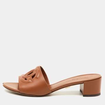 Pre Owned Dolce & Gabbana Brown Leather DG Cut Out Slide Sandals Size 37.5