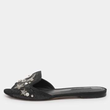 Pre Owned Dolce & Gabbana Black Glitter Bianca Star And Moon Embellished Slide Sandals Size 37