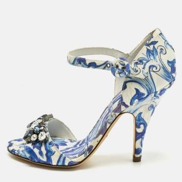 Pre Owned Dolce & Gabbana Blue Brocade Fabric Crystal Embellish Majolica Ankle Strap Sandals Size 36