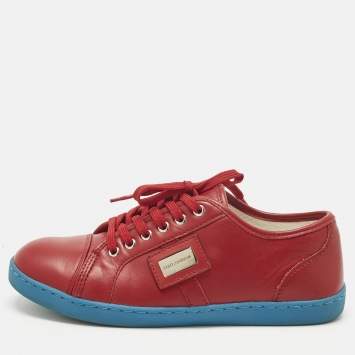 Pre Owned Dolce & Gabbana Red Leather Lace Up Sneakers Size 34