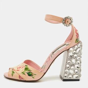 Pre Owned Dolce & Gabbana Pink Flower Print Patent Leather Crystal Embellished Ankle Strap Sandals Size 37