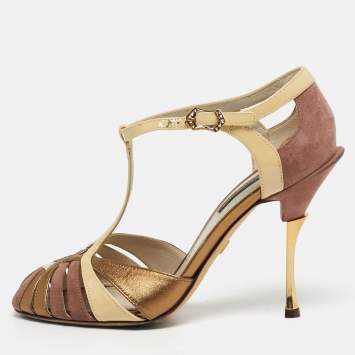 Pre Owned Dolce & Gabbana Tricolor Leather and Suede T-Strap Sandals Size 36