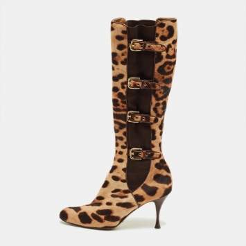 Pre Owned Dolce & Gabbana Brown Leopard Print Calf Hair Knee Length Boots Size 37