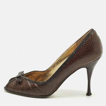 مملوكة مسبقًا Dolce & Gabbana Brown/Black Python and Leather Double Bow Peep Toe Pumps Size 38.5