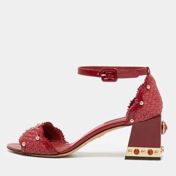 Pre Owned Dolce & Gabbana Size 37.5 Red Patent Leather and Straw Ankle Strap Block Heel Sandals