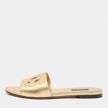 Pre Owned Dolce & Gabbana DG Logo Size 37 Gold Leather Flat Slide