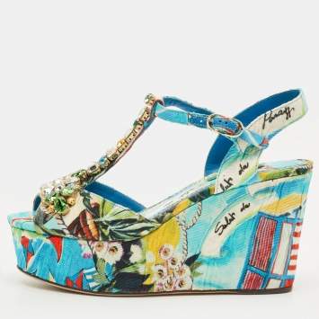 Pre Owned Dolce & Gabbana Size 35.5 Multicolor Printed Canvas Crystal Embellished Wedge T-Strap Sandals