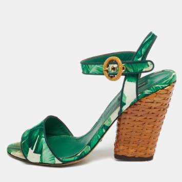 مملوكة مسبقًا Dolce & Gabbana Size 40 Green Satin and Raffia Ankle Strap Sandals Sandals