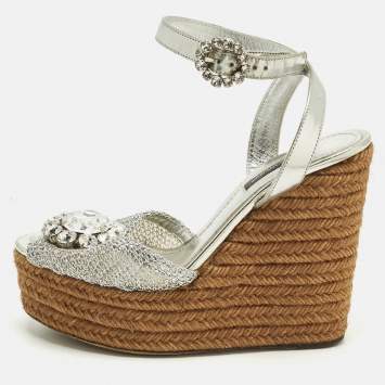 Pre Owned Dolce & Gabbana Bianca Size 38 Silver  Mesh and Raffia Wedge Sandals