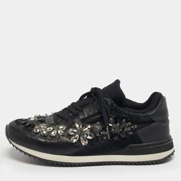 Pre Owned Dolce & Gabbana Size 39 Black Lace and Leather Crystal Embellished Lace Up Sneakers