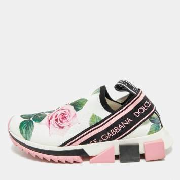 Pre Owned Dolce & Gabbana Sorrento Size 38 Multicolor Knit Fabric Flora Print Slip On Sneakers