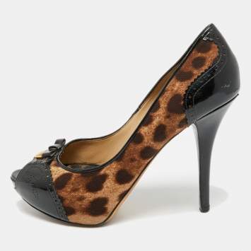 مملوكة مسبقًا Dolce & Gabbana Size 39 Brown/Black Leopard Print Canvas and Patent Leather Peep Toe Pumps