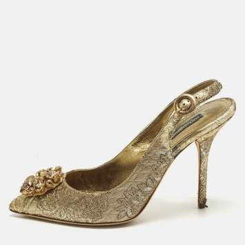 Pre Owned Dolce & Gabbana Size 40 Gold Brocade Fabric Crystal Embellished Pumps