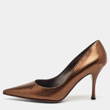 مملوكة مسبقًا Dolce & Gabbana Size 38.5 Metallic Brown Snakeskin Embossed Leather Pointed Toe Pumps