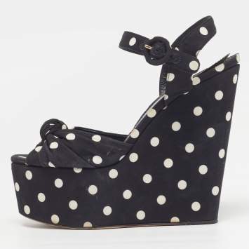 Pre Owned Dolce & Gabbana Polka Dot Size 41 Black Fabric Ankle Strap Platform Wedge Sandals