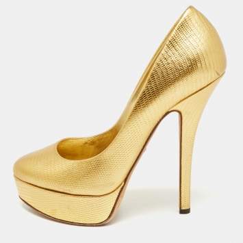 Pre Owned Dolce & Gabbana Size 39 Gold Lizard Embossed Leather Platform Pumps
