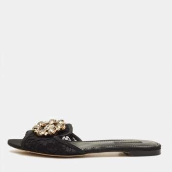 Pre Owned Dolce & Gabbana Sofia Size 38.5 Black Lace Crystal Embellished Flat Slide Sandals