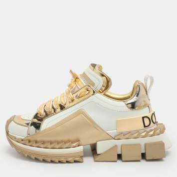 Pre Owned Dolce & Gabbana Super King Size 38.5 White/Gold Leather Low Top Sneakers