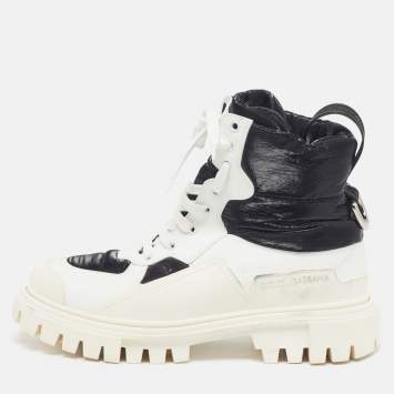 Pre Owned Dolce & Gabbana Size 40 White/Black Leather and Nylon Combat Boots