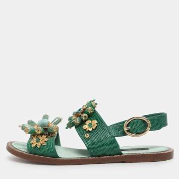 Pre Owned Dolce & Gabbana Embellished Size 37.5 Green Lizard Embossed Leather Flat Sandals