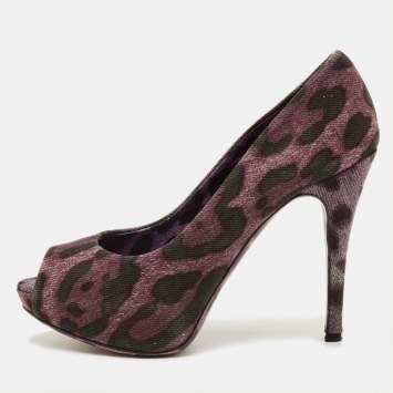 مملوكة مسبقًا Dolce & Gabbana Size 36.5 Purple Leopard Print Denim Peep Toe Platform Pumps