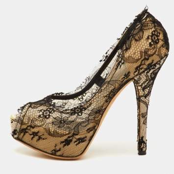 مملوكة مسبقًا Dolce & Gabbana Size 38.5 Black/Beige Lace and Mesh Peep Toe Platform Pumps