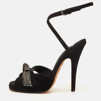 مملوكة مسبقًا Dolce & Gabbana Size 36 Black Suede Knot Crystal Embellished Ankle Strap Sandals