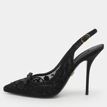Pre Owned Dolce & Gabbana Embellished Size 40.5 Black Mesh Slingback Pumps
