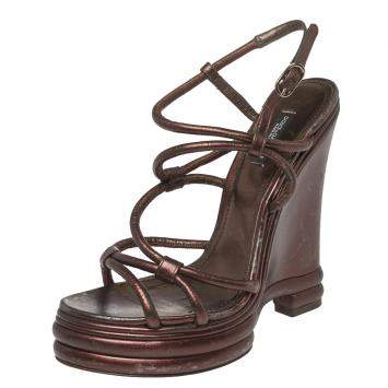 Pre Owned Dolce & Gabbana Metallic Brown Leather Strappy Wedge Sandals Size 40