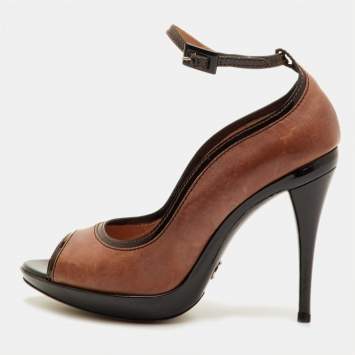 مملوكة مسبقًا Dolce & Gabbana Size 39.5 Brown/Black Patent and Leather Peep Toe Platform Ankle Strap Pumps