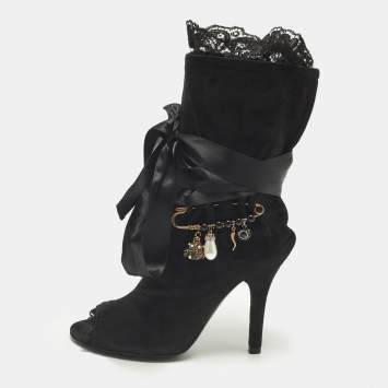 مملوكة مسبقًا Dolce and Gabbana Size 36.5 Black Suede Charm Tie Around Peep Toe Ankle Boots 