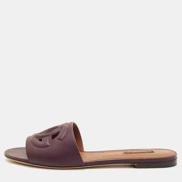 Pre Owned Dolce & Gabbana DG Logo Size 38 Burgundy Leather Flat Slide Sandals