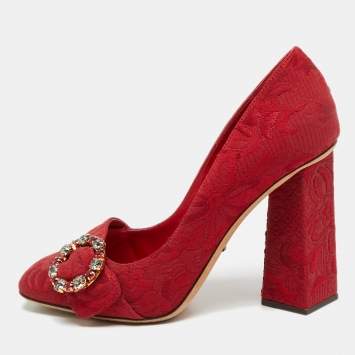 Pre Owned Dolce & Gabbana Size 40 Red Brocade Fabric Crystal Embellished Block Heel Pumps