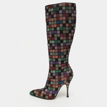 Pre Owned Dolce & Gabbana Size 40.5 Multicolor Elastane and Checkered Lamé Fabric Knee Length Boots