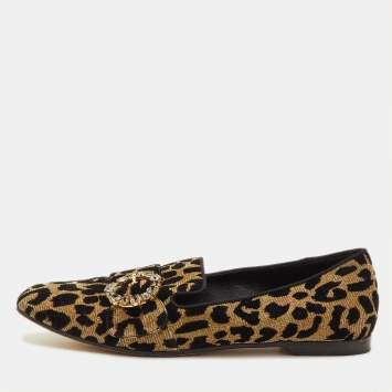 Pre Owned Dolce & Gabbana Size 39.5 Brown/Black Leopard Print Metallic Lurex Fabric Smoking Slippers