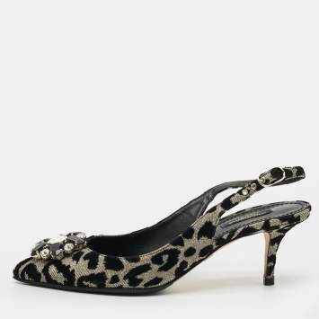 Pre Owned Dolce & Gabbana Bellucci Size 39 Black/Silver Lurex Fabric Crystal Embellished Slingback Pumps