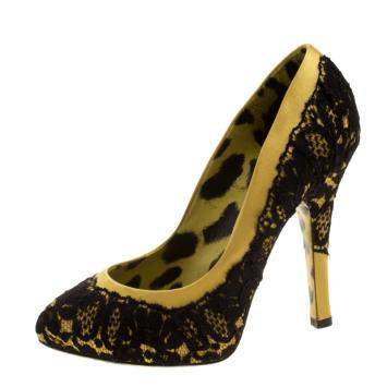 Pre Owned Dolce & Gabbana Yellow/Black Satin and Lace Pumps Size 36