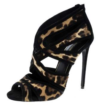 Pre Owned Dolce & Gabbana Beige/Black Leopard Print Calfhair and Suede Sandals Size 37